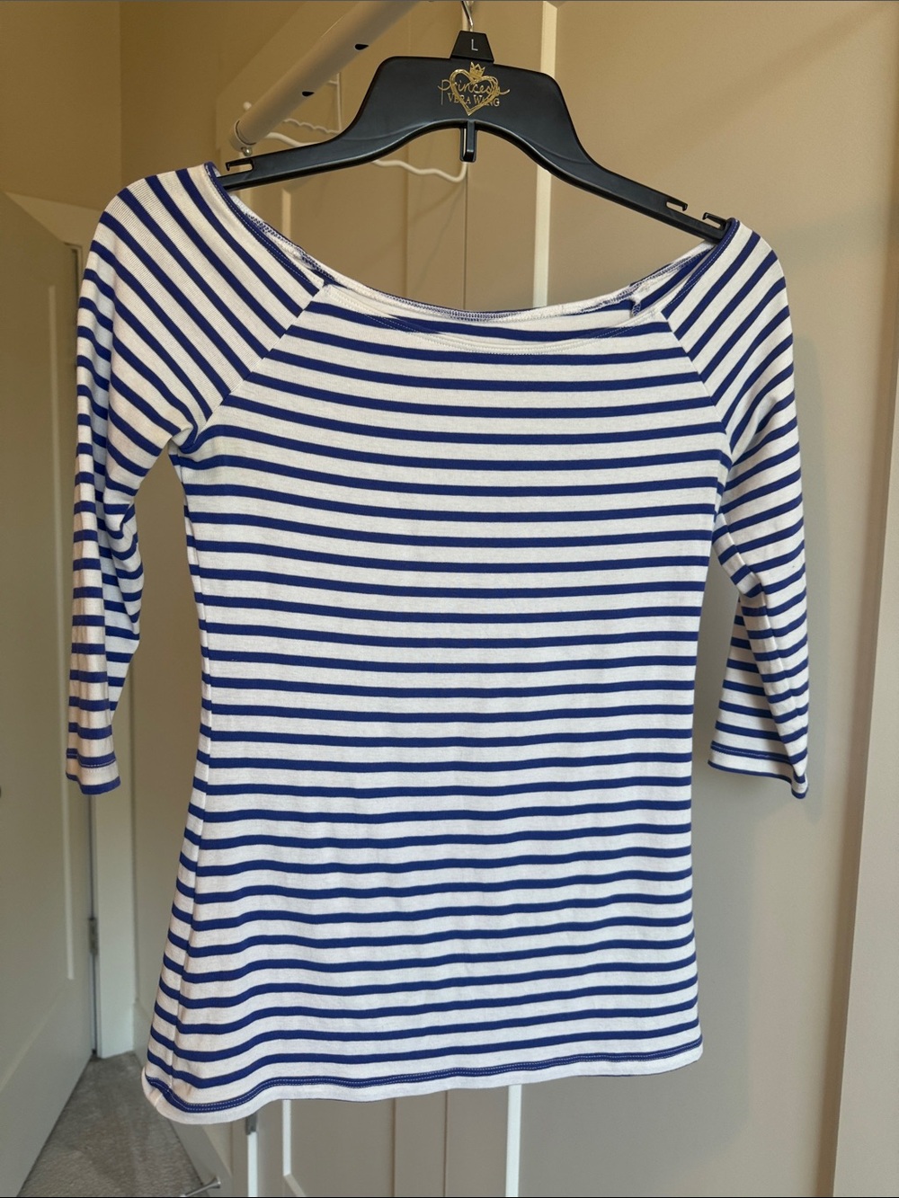 Old Navy White and Blue Striped Boatneck Long Sleeve Top